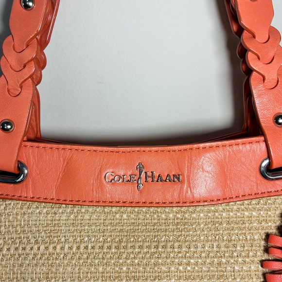Cole Haan Straw Tote Purse with Coral Leather Detailing - Picture 3 of 14